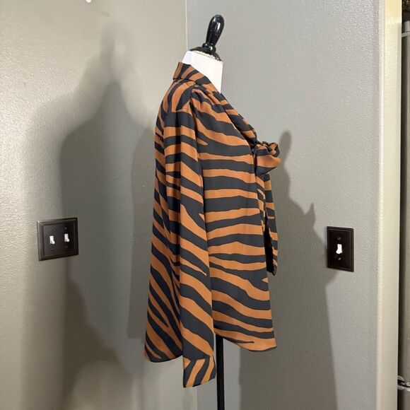 Worthington Animal Print Button Down Blouse Tie Neck Black Brown Striped - Picture 4 of 10